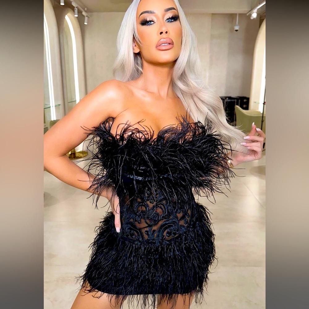 Luxe Feather Mini Dress - Black - Size S